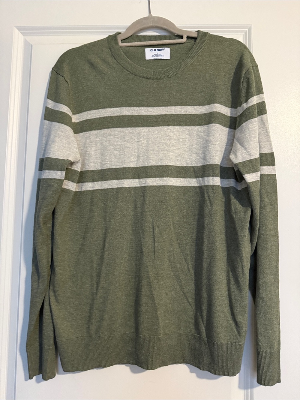Old Navy Men's Olive & White Striped Crewneck Sweater